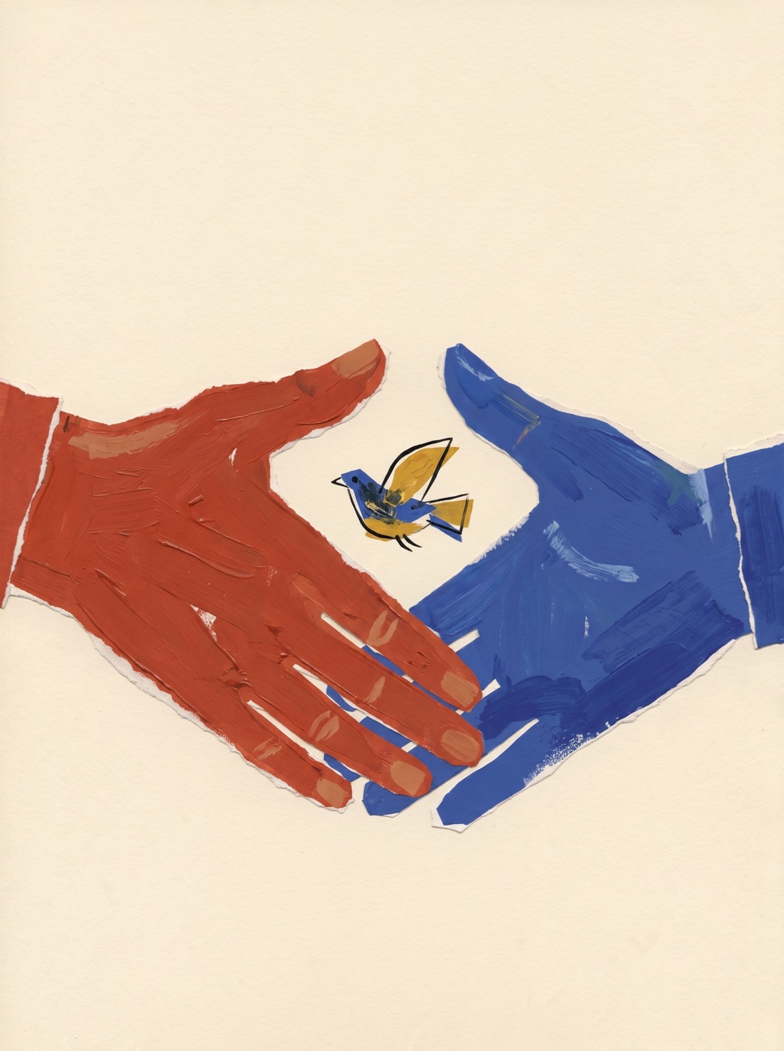 Gouache poster: a red hand and a cobalt hand meet in a handshake while a small bird flies between them.