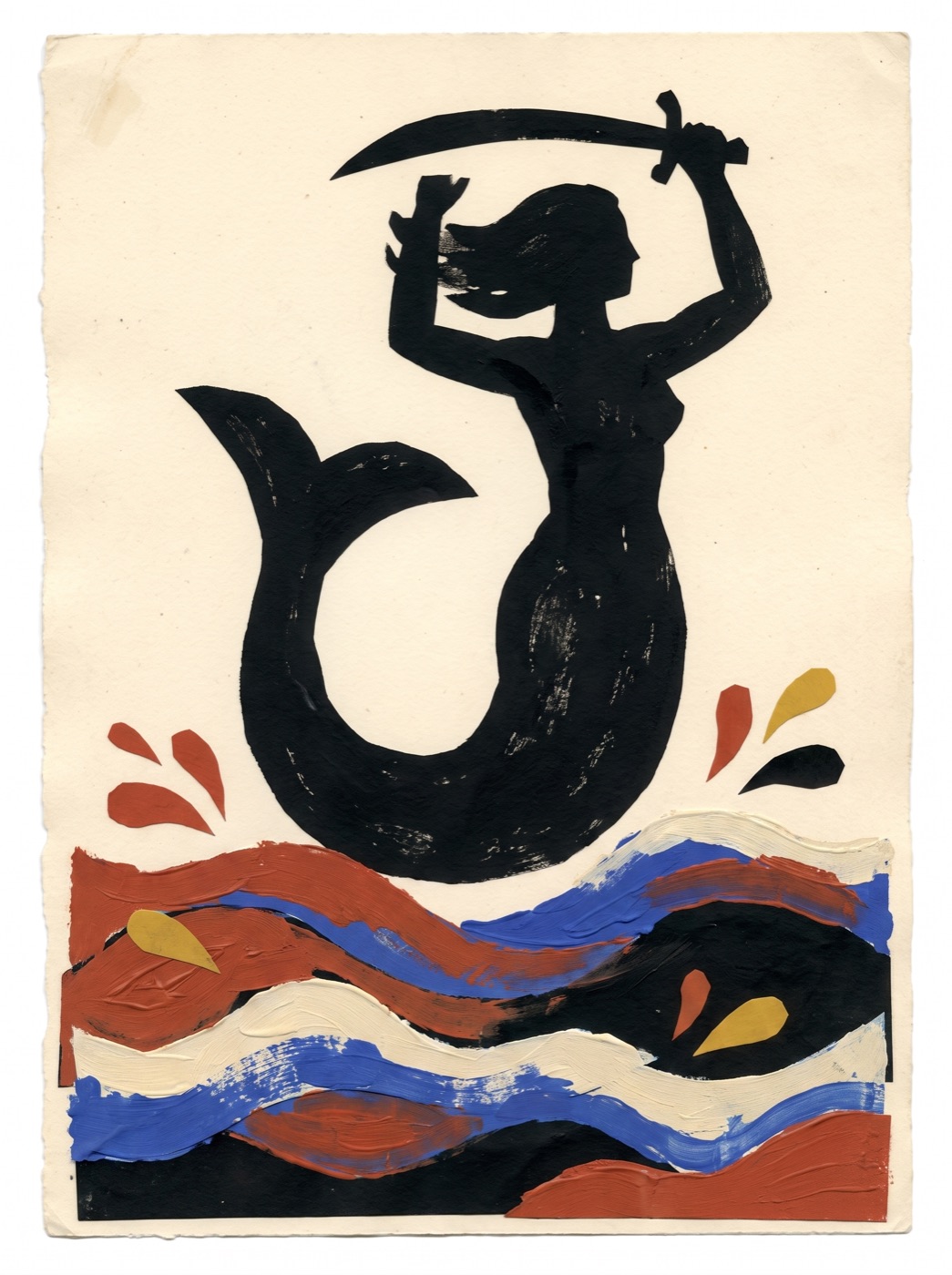 Gouache poster: the Warsaw mermaid as an ink-black silhouette raising a sword above waves of cut paper in cobalt, red, and cream.