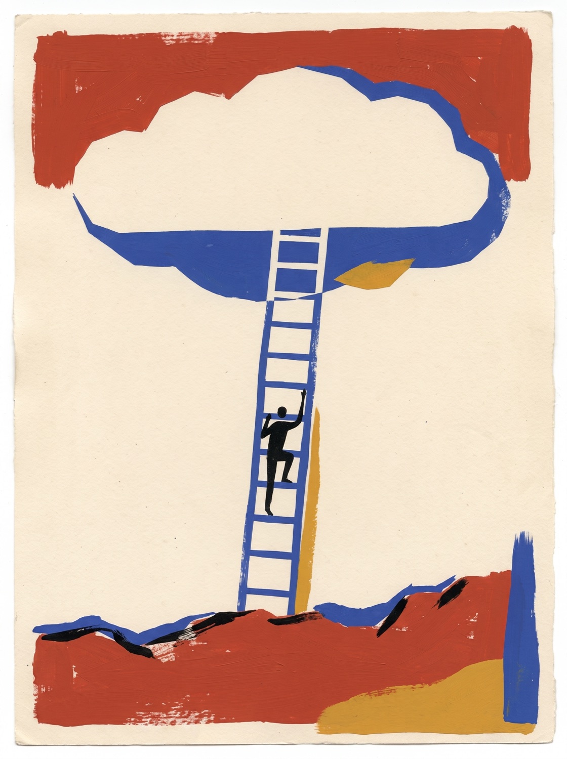 Gouache poster: a small black figure climbs a tall cobalt ladder into a huge flat cloud cut from red sky.