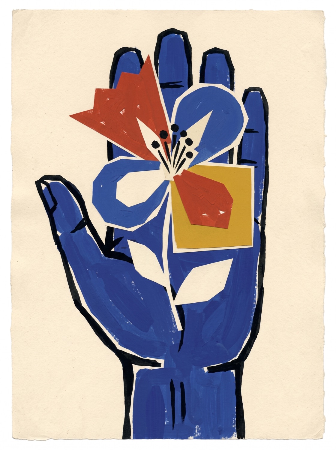 Gouache poster: a cobalt-blue open hand, palm up, with a surreal cut-paper flower blooming from the palm.